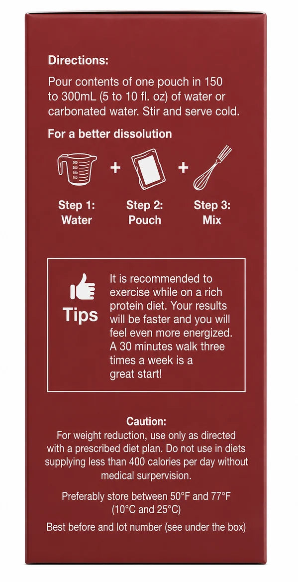 A maroon product box displays instructions for mixing a powder pouch with water, including tips for exercise and caution for dietary use, emphasizing proper storage and dietary guidelines.