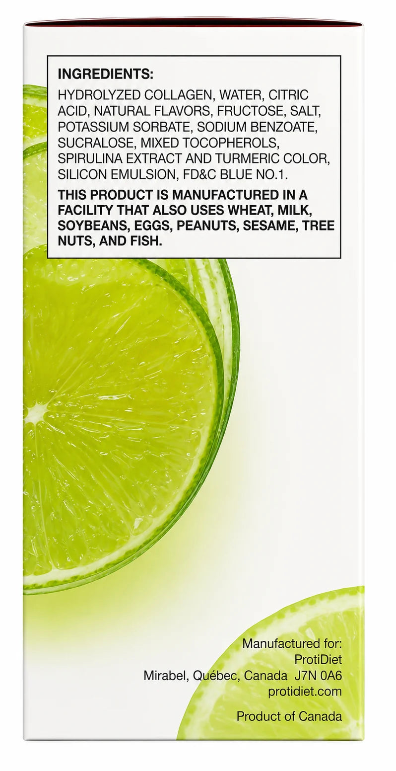 A close-up of a product box featuring sliced limes on a bright green background, with a list of ingredients and a note about potential allergens printed on the side.