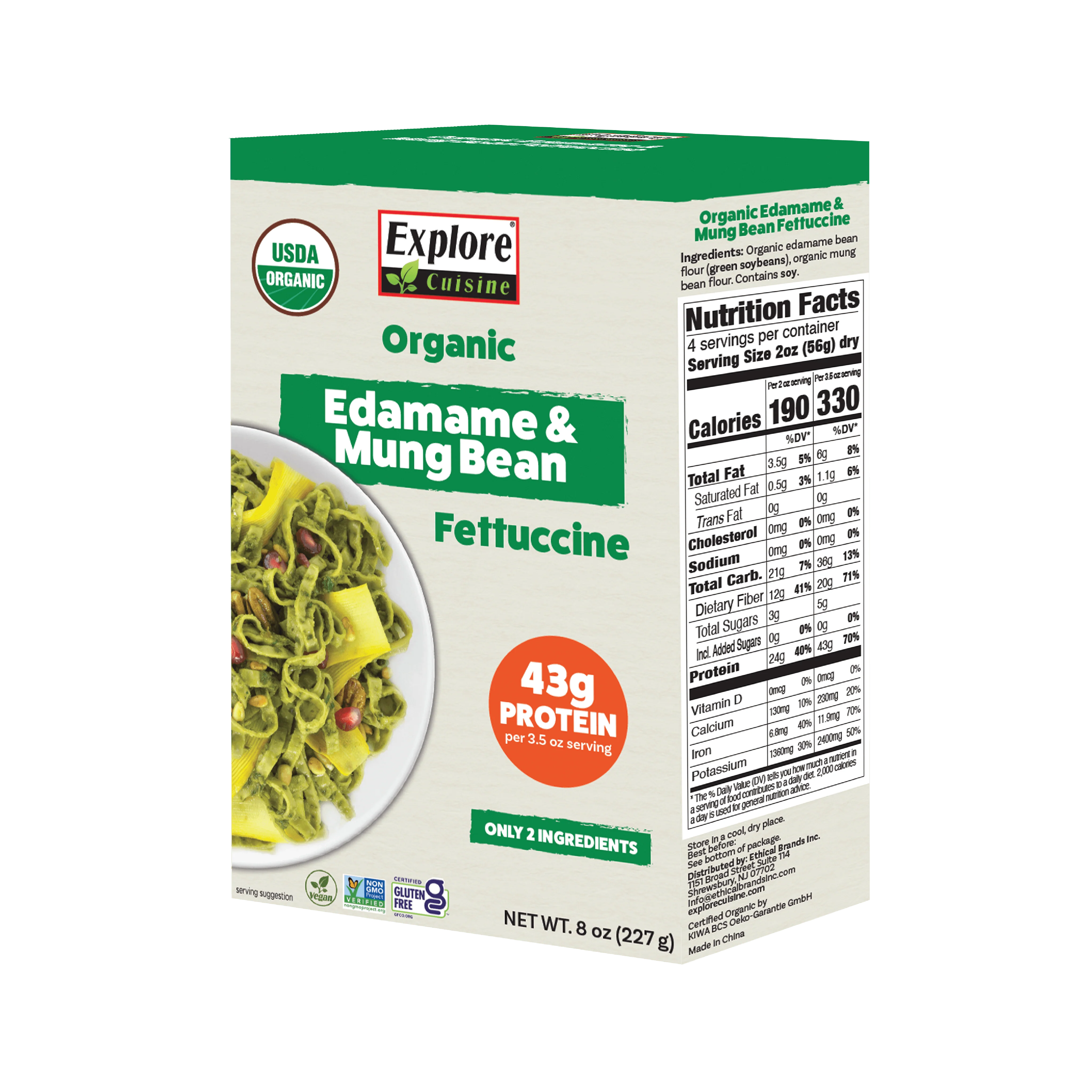 A green box of Explore Cuisine Organic Edamame & Mung Bean Fettuccine displays a bowl of the pasta, highlighting its high protein content and simple ingredients, with nutritional facts visible on the side.