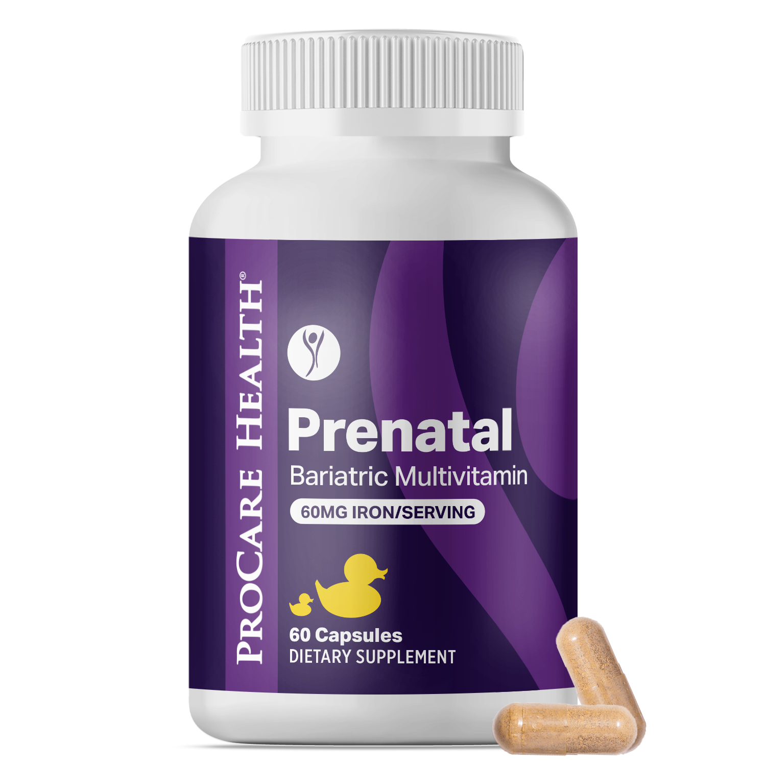 A white bottle labeled "Prenatal Bariatric Multivitamin" contains 60 capsules, with a purple design and a yellow duck icon, alongside two visible capsules on a white background.