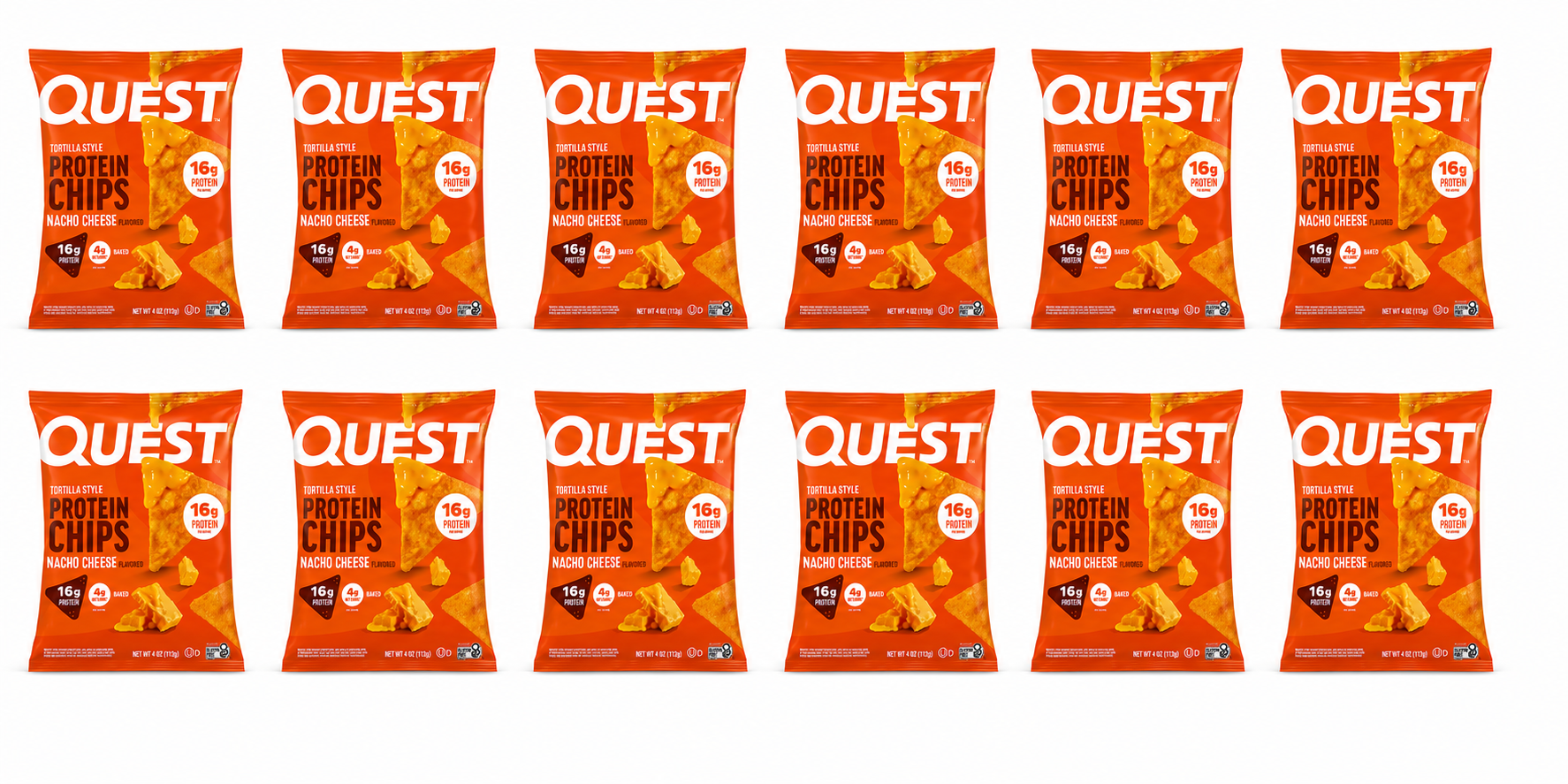 Twelve bags of Quest Tortilla Style Protein Chips in Nacho Cheese flavor are arranged in a grid, each displaying nutritional information highlighting 16 grams of protein per serving.