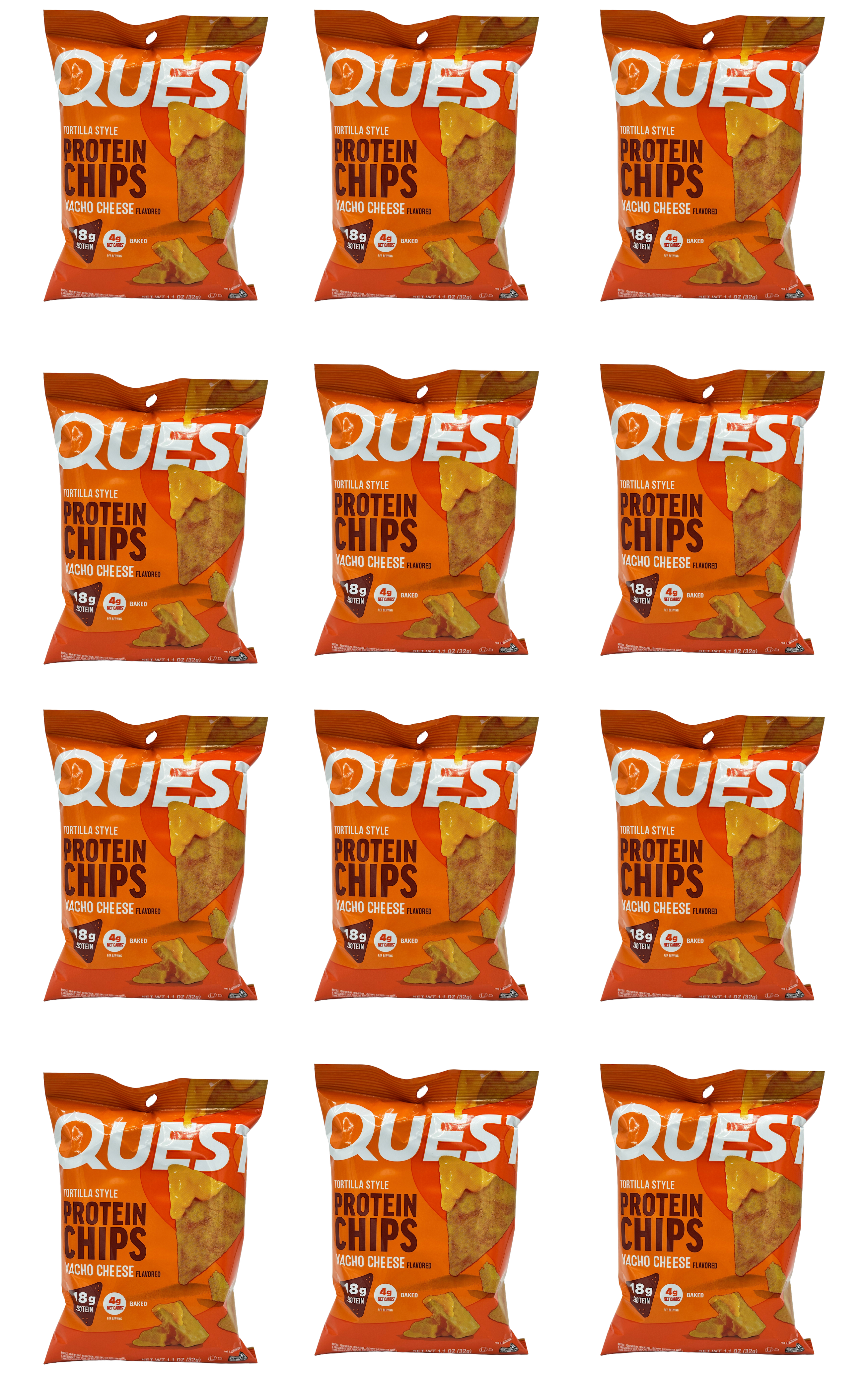 Twelve bags of Quest Tortilla Style Protein Chips in nacho cheese flavor, featuring 18g of protein and 4g of net carbs per serving, with a bright orange packaging design.