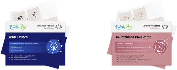 Two product boxes for PatchAid, featuring NAD+ Patch and Glutathione Plus Patch, each containing 30 patches, with descriptions highlighting their benefits and ingredients on a white and blue background.