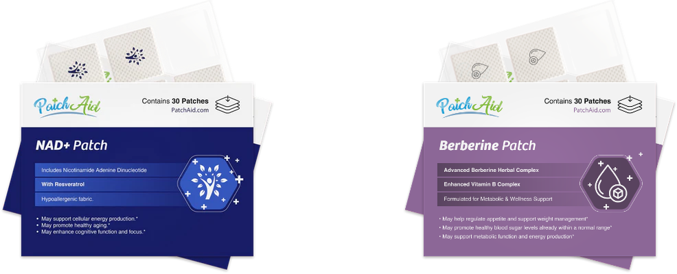 Two product packages for PatchAid, featuring the NAD+ Patch in blue and the Berberine Patch in purple, each highlighting benefits and ingredients, with a total of 30 patches per package.