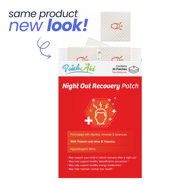 A box of PatchAid's Night Out Recovery Patches, featuring a new design, displays the product name, benefits, and ingredients, set against a bright red background with a graphic of a person experiencing discomfort.
