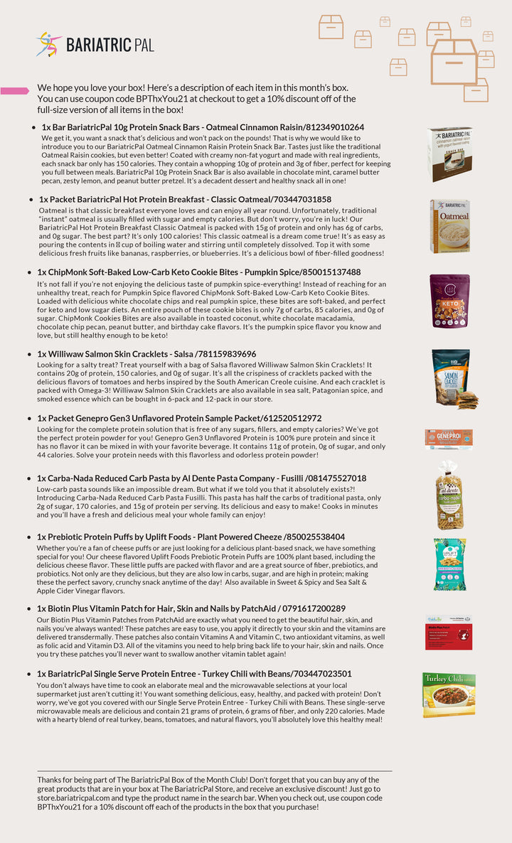 A colorful product list displays various healthy snacks and meals, including protein bars, pasta, and vitamin patches, with descriptions and promotional details for an ecommerce box subscription service.