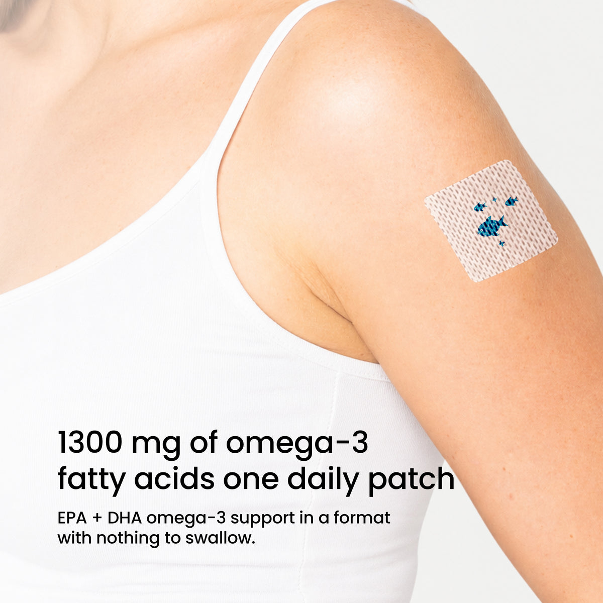 A close-up of a woman's upper arm wearing a patch that delivers 1300 mg of omega-3 fatty acids, with text highlighting the product's benefits and ease of use without swallowing pills.