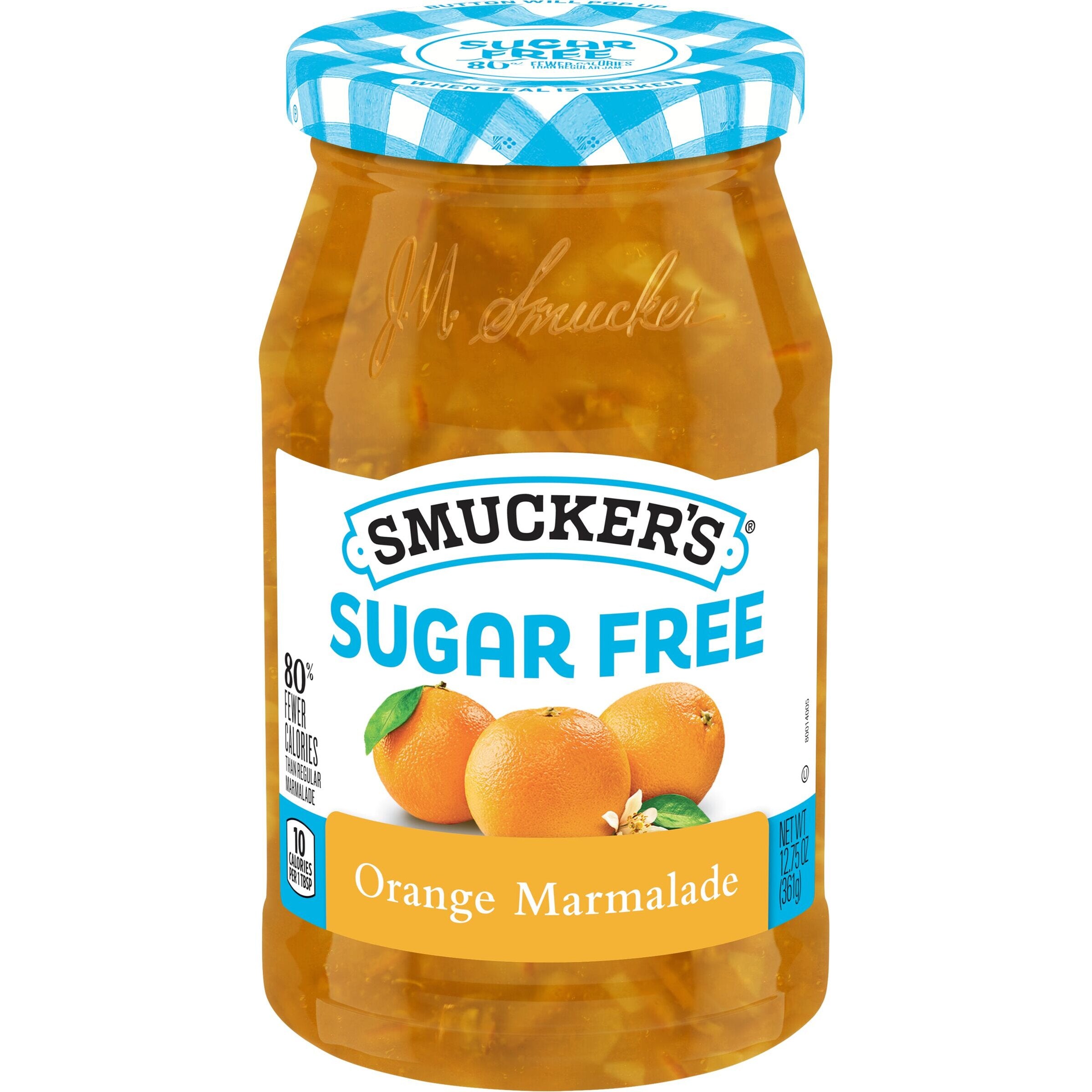 A clear glass jar of Smucker's sugar-free orange marmalade features a blue and white checkered lid and a label displaying the product name and images of oranges.