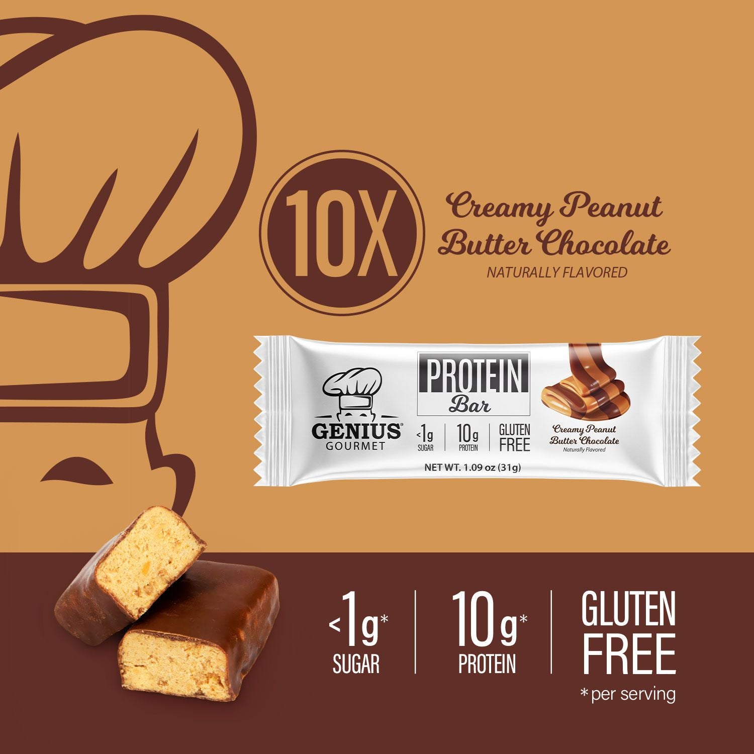Genius Gourmet Keto Protein & Snack Bars - Creamy Peanut Butter Chocolate