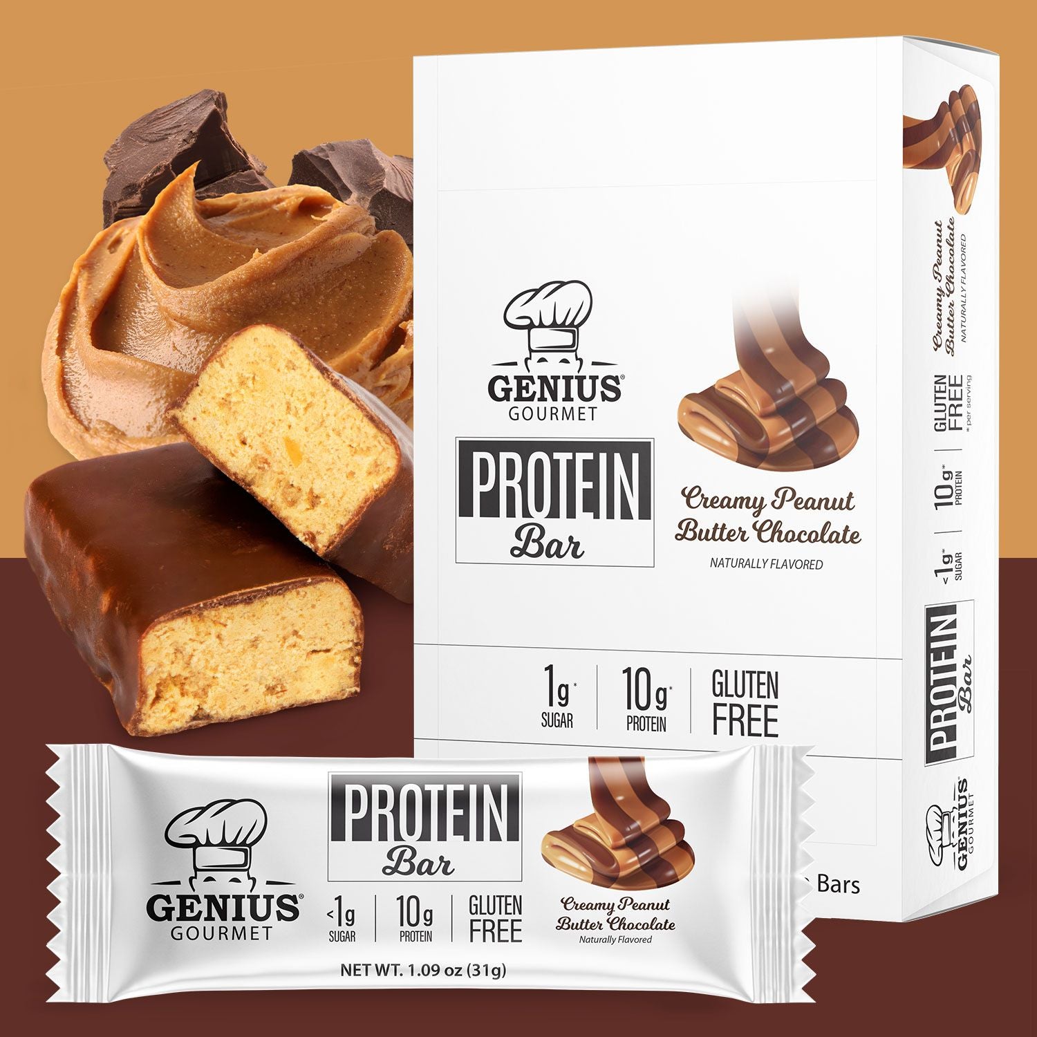 Genius Gourmet Keto Protein & Snack Bars - Creamy Peanut Butter Chocolate