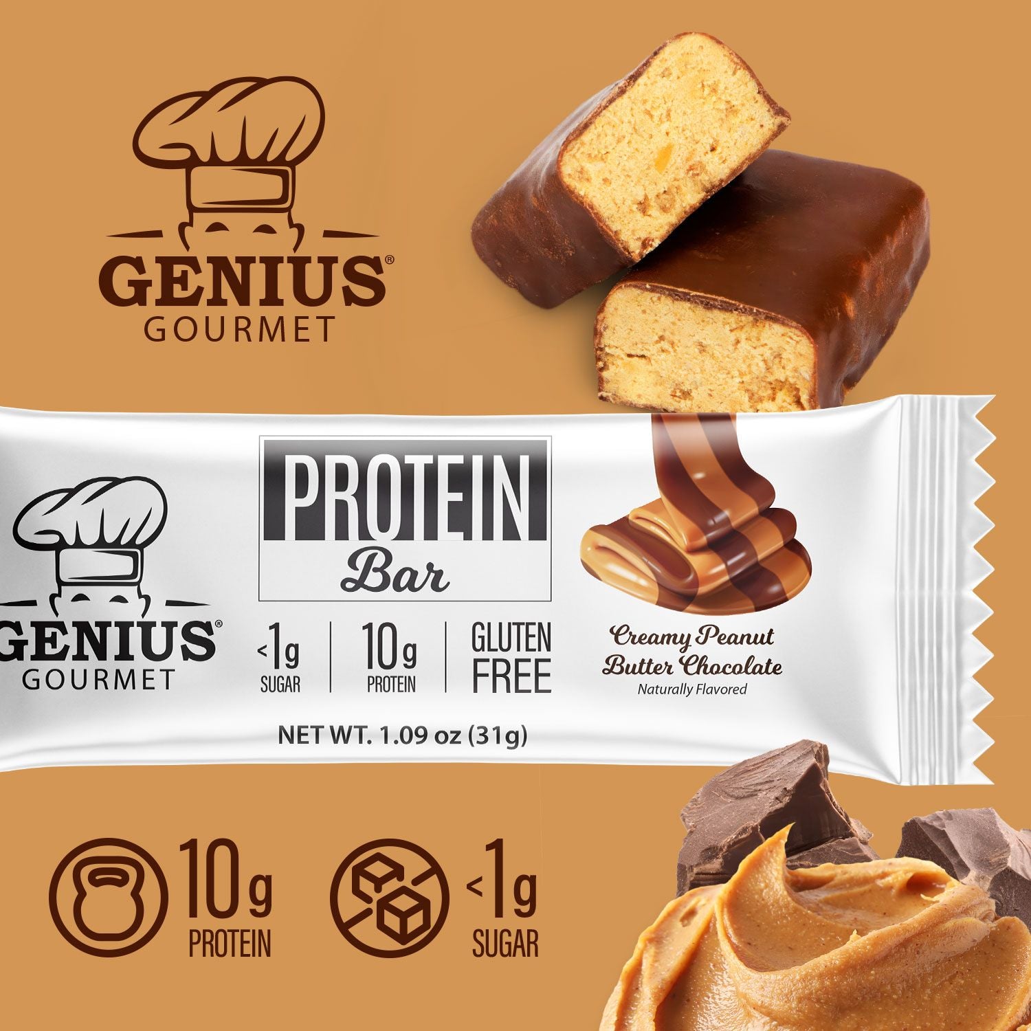 Genius Gourmet Keto Protein & Snack Bars - Creamy Peanut Butter Chocolate