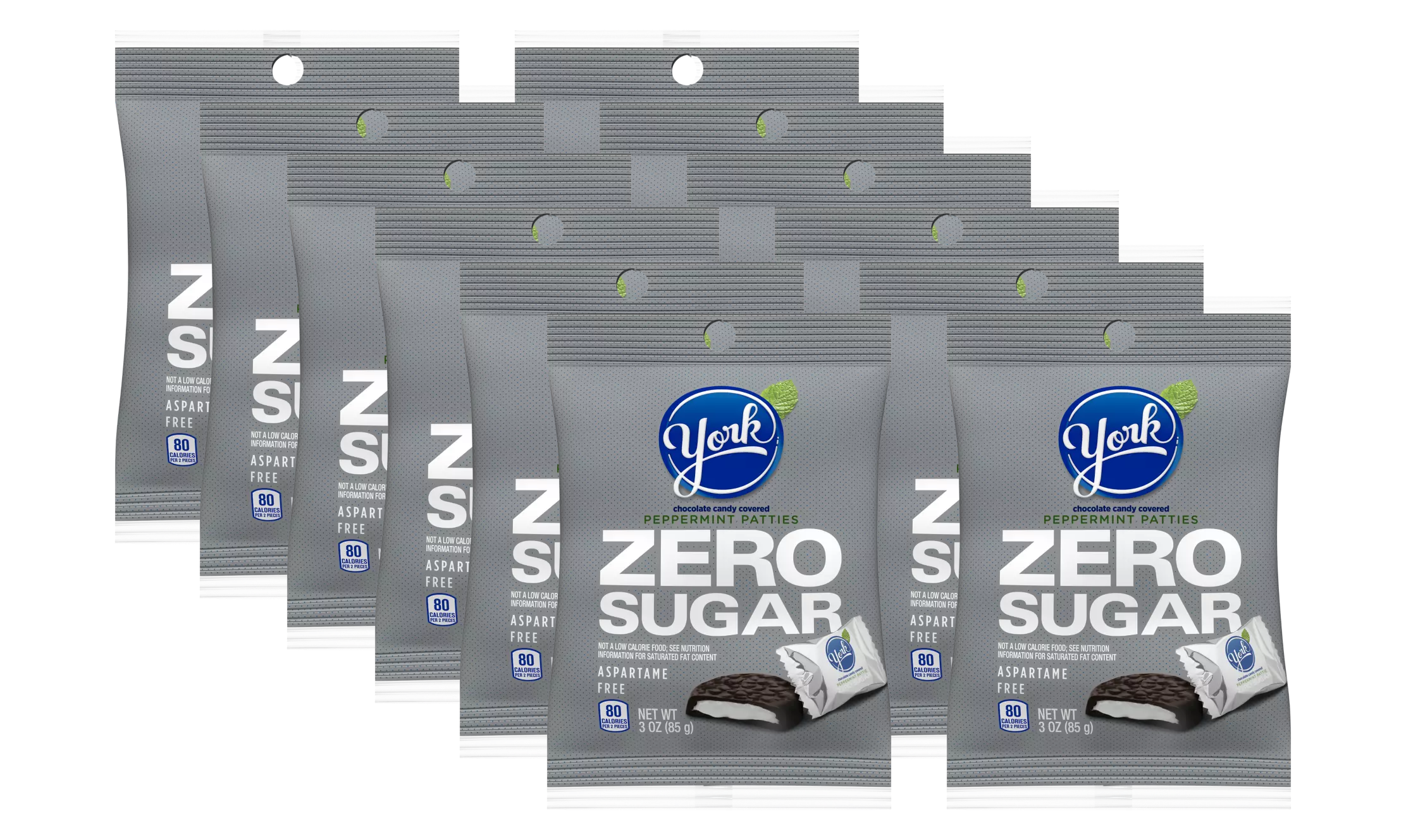 A row of York Zero Sugar Peppermint Patties packages, each featuring a gray design with the brand logo, highlighting that they are aspartame-free and contain 80 calories per serving.