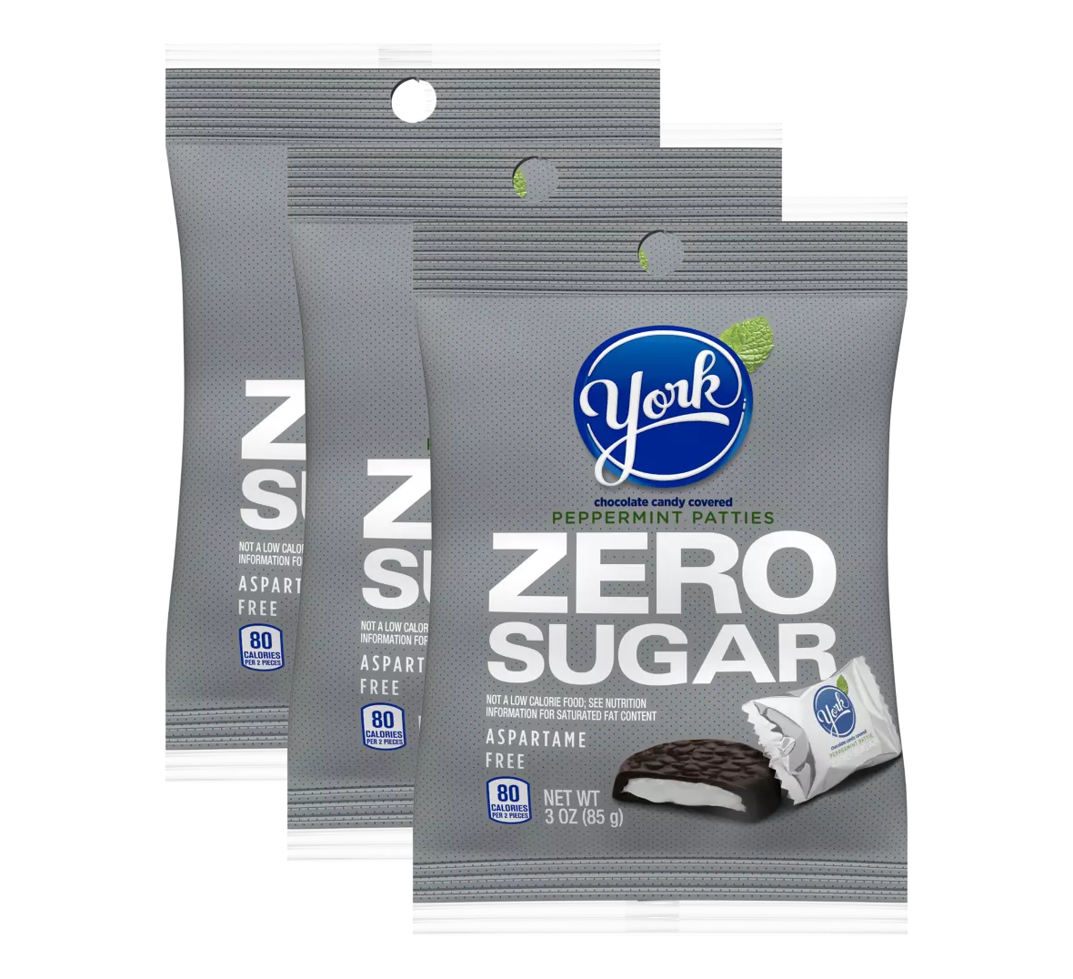 Three packages of York Zero Sugar Peppermint Patties are displayed, featuring a silver background with the brand logo and product information, highlighting that they are aspartame-free and contain 80 calories per serving.