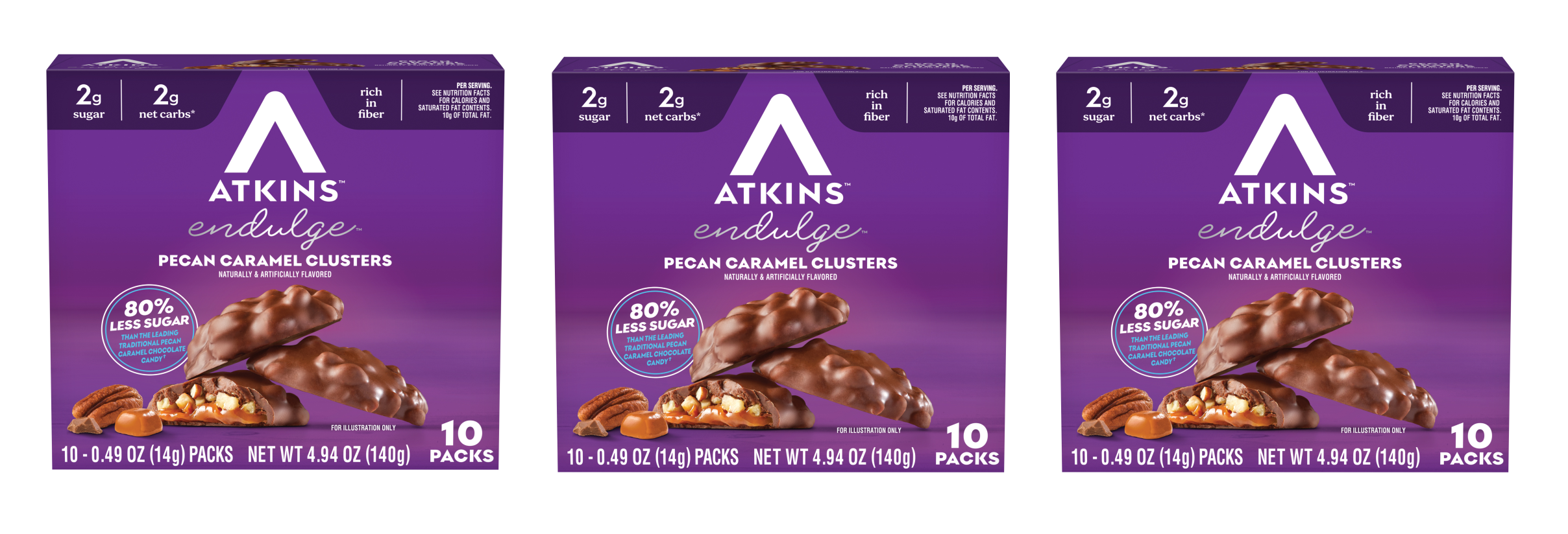 Three boxes of Atkins Endulge Pecan Caramel Clusters are displayed, each showcasing chocolate-covered clusters with pecans and caramel, highlighting low sugar and fiber content.