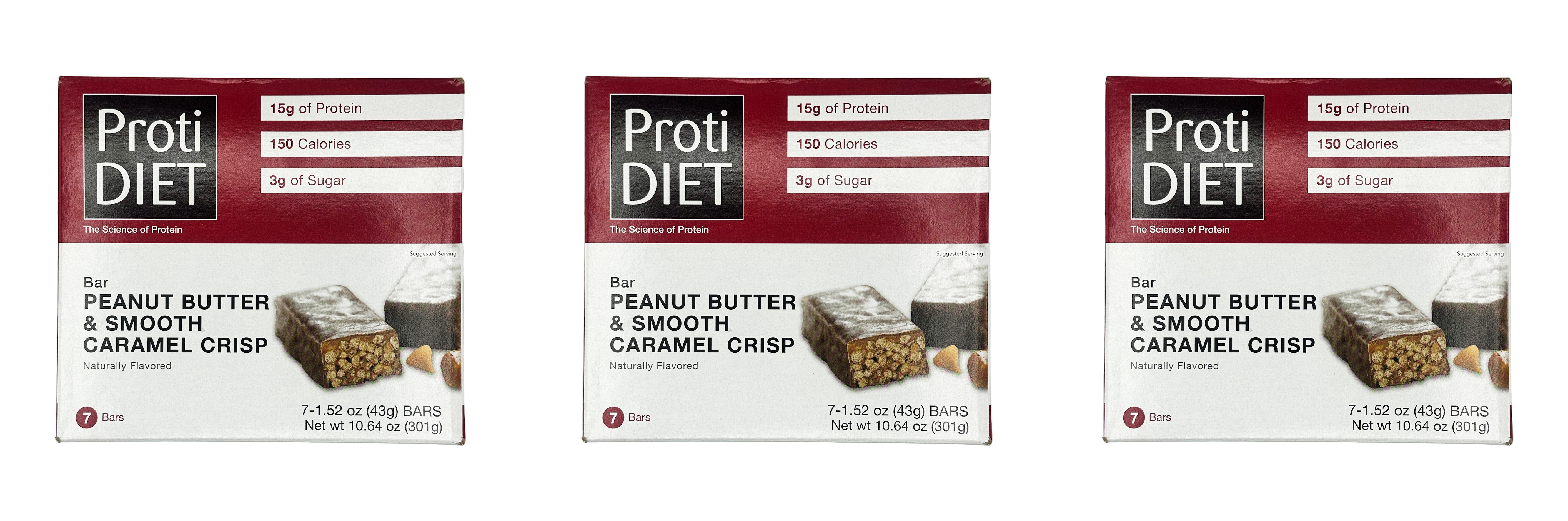 Peanut Butter & Smooth Caramel Crisp protein bars, 7-count box, each bar weighs 1.52 oz, containing 15g of protein, 150 calories, and 3g of sugar, naturally flavored.