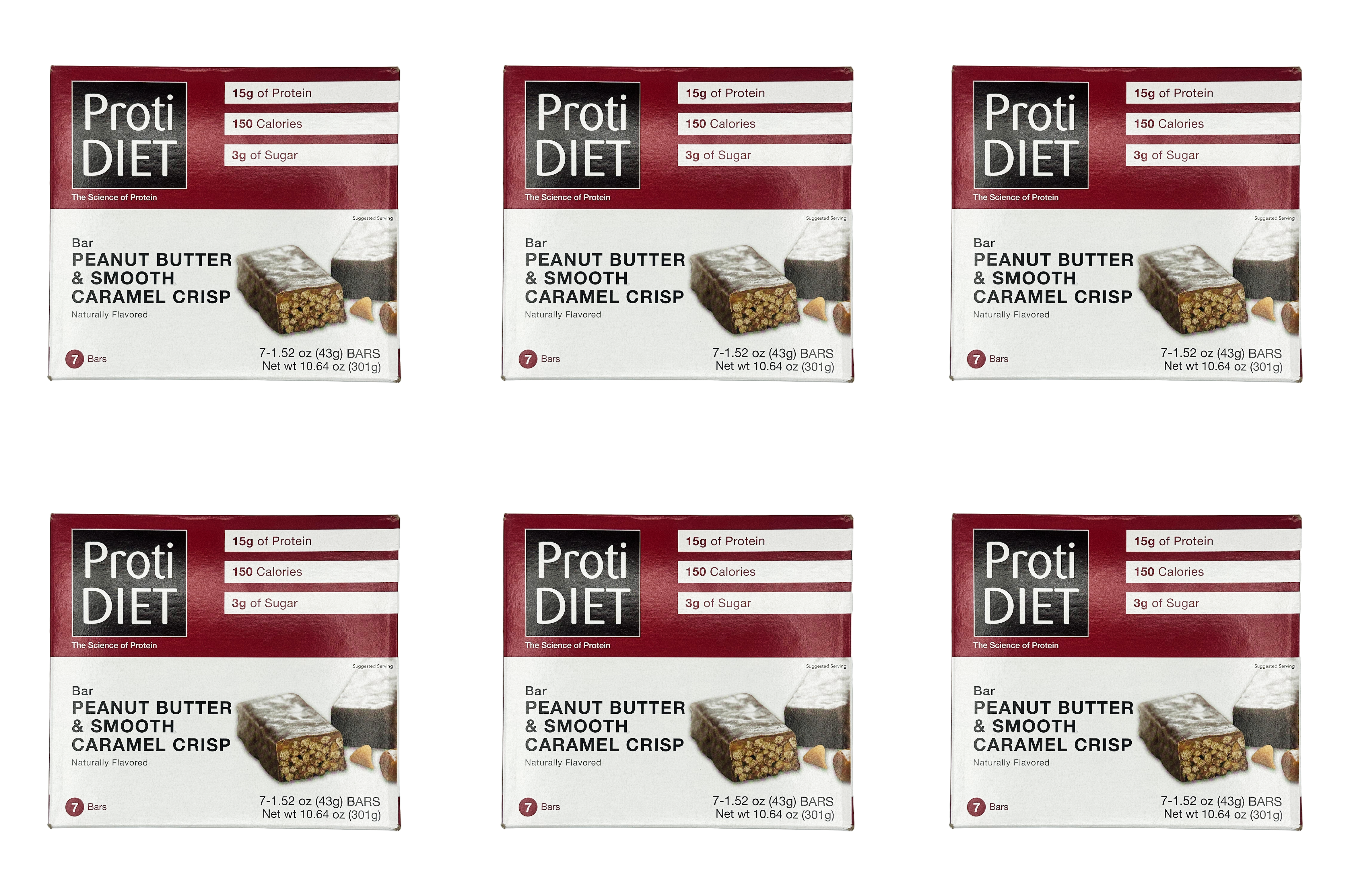 ProtiDIET Peanut Butter & Smooth Caramel Crisp bars, 7-count box, each bar contains 15g of protein, 150 calories, and 3g of sugar, naturally flavored, weighing 1.52 oz (43g) each.