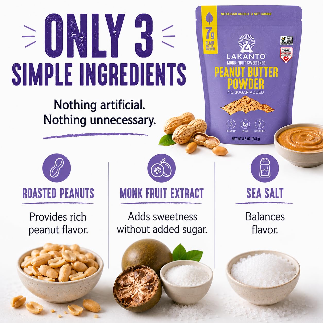 A bag of Lakanto peanut butter powder is displayed alongside bowls of roasted peanuts, monk fruit, and sea salt, highlighting the three simple ingredients used for a natural flavor.