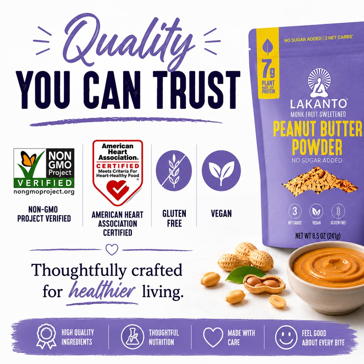 A purple package of Lakanto Peanut Butter Powder is displayed alongside peanuts and a bowl of peanut butter, featuring certifications for quality and health benefits, with the text "Quality You Can Trust."