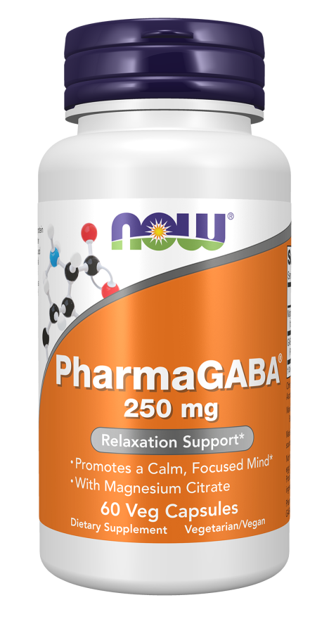 A white bottle of PharmaGABA dietary supplement, labeled with "250 mg" and "Relaxation Support," contains 60 vegetarian capsules and features a colorful design with molecular graphics.