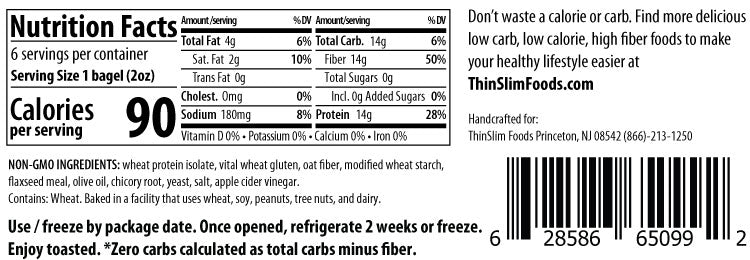 Nutrition facts label for a bagel, detailing serving size, calories, fat, carbohydrates, protein, and ingredients, with usage instructions and a website for more low-carb food options.
