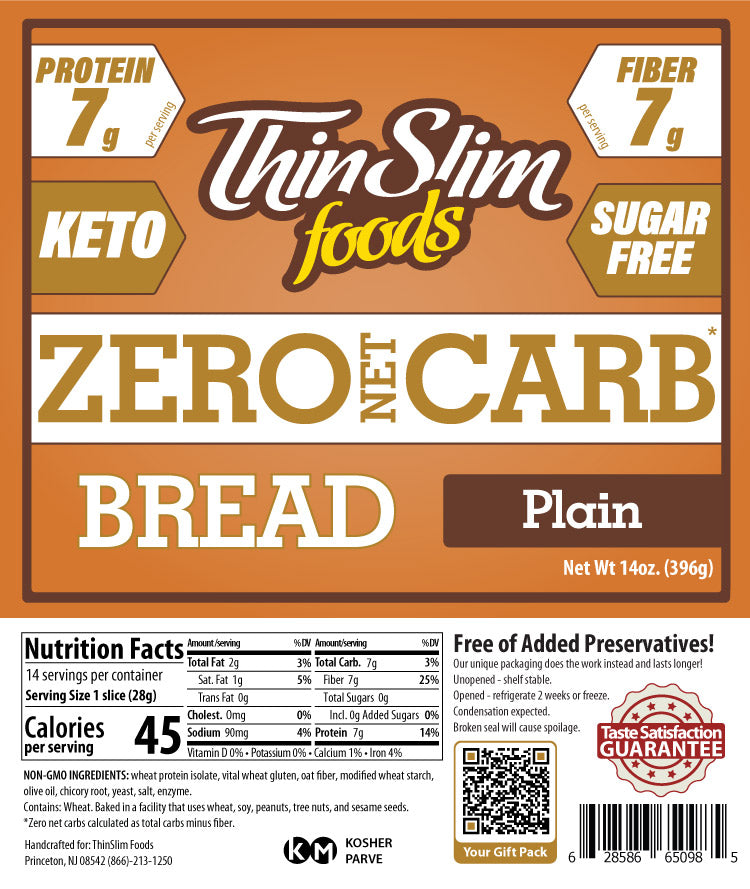 A package of Thin Slim Foods Zero Net Carb Plain Bread features nutritional information, highlighting 7 grams of protein and fiber, and emphasizes that it is keto-friendly and sugar-free.