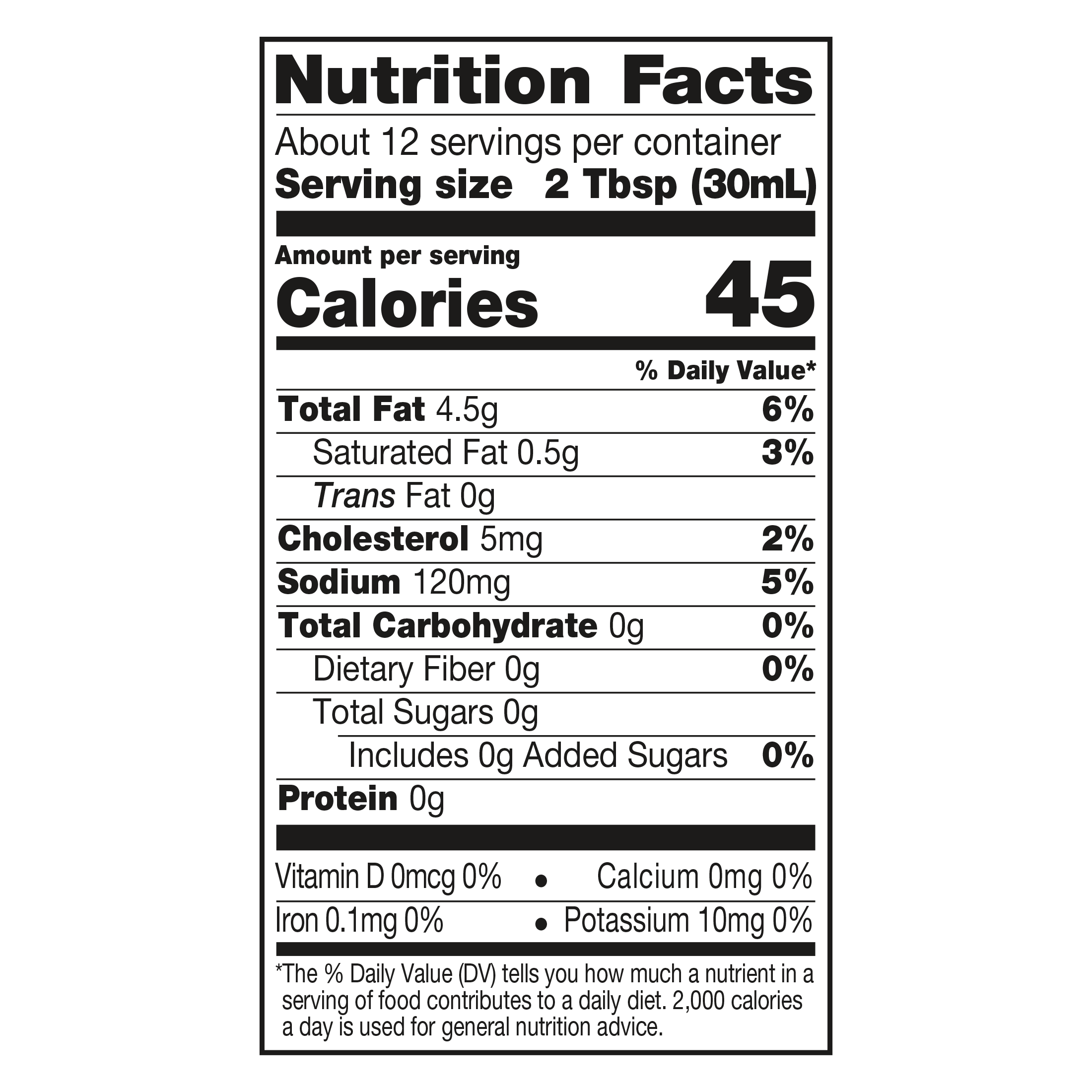 A nutrition facts label displays serving size, calories, and nutrient content, including total fat, cholesterol, sodium, carbohydrates, and protein, indicating it has about 12 servings per container.
