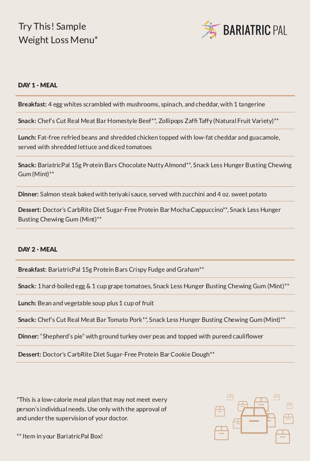 BariatricPal January 2019 Box of the Month sample weight loss menu card with Day 1 and Day 2 meal plans