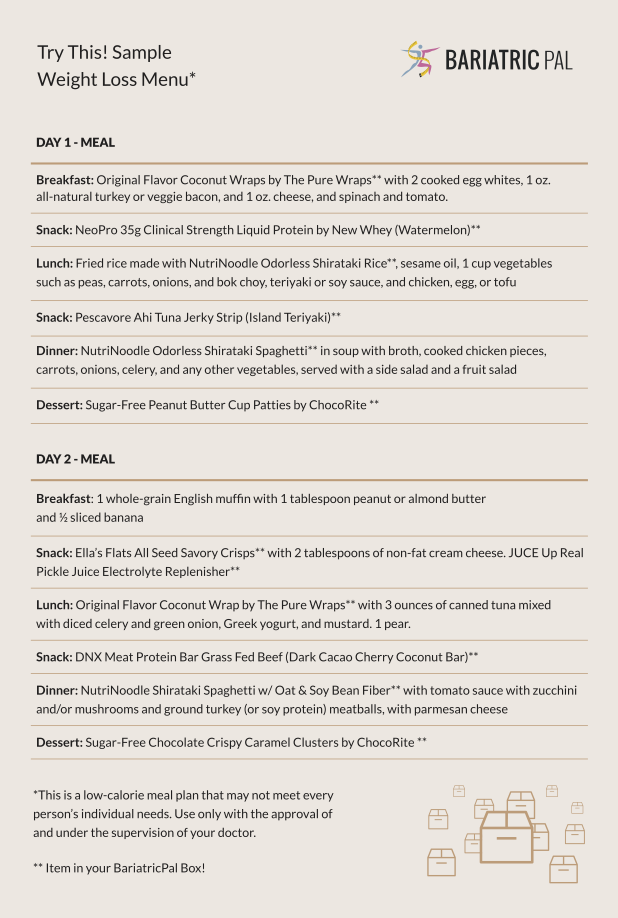 BariatricPal February 2019 Box of the Month sample weight loss menu card with Day 1 and Day 2 meal plans