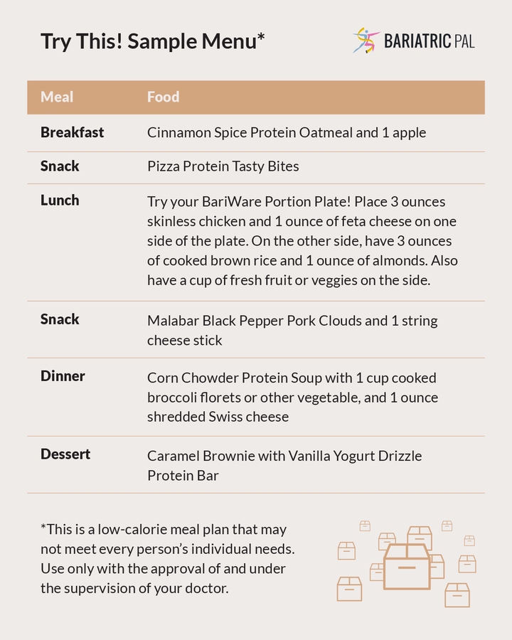 BariatricPal February 2018 Box of the Month sample weight loss menu card with Day 1 and Day 2 meal plans