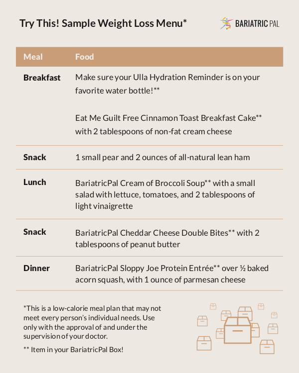 A sample BariatricPal weight loss menu detailing breakfast, snack, lunch, snack, and dinner options, including specific foods and hydration recommendations.