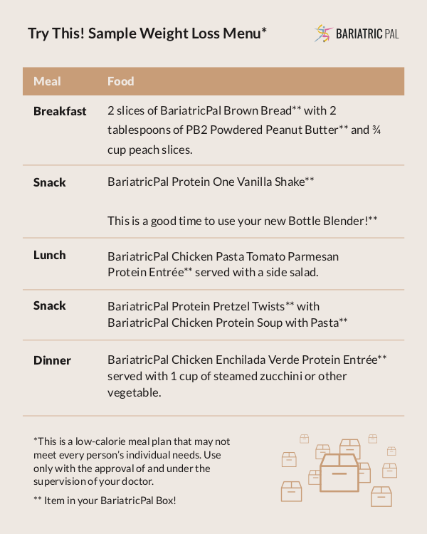BariatricPal May 2018 Box of the Month sample weight loss menu card showing a sample day of breakfast, lunch, dinner, and snacks