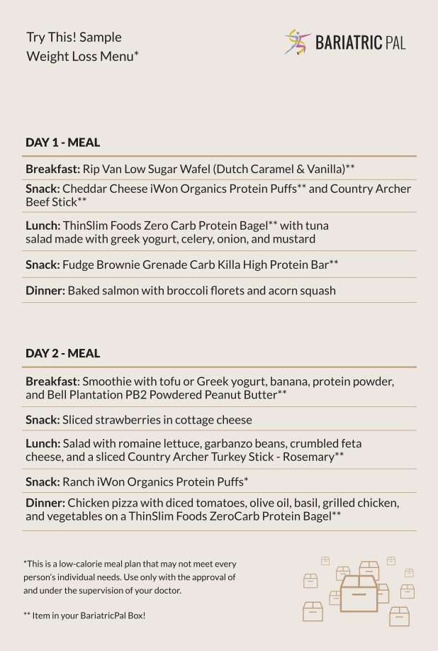 BariatricPal May 2019 Box of the Month sample weight loss menu card with Day 1 and Day 2 meal plans
