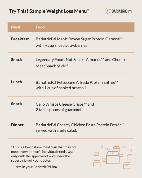 BariatricPal June 2018 Box of the Month sample weight loss menu card showing a sample day of breakfast, lunch, dinner, and snacks