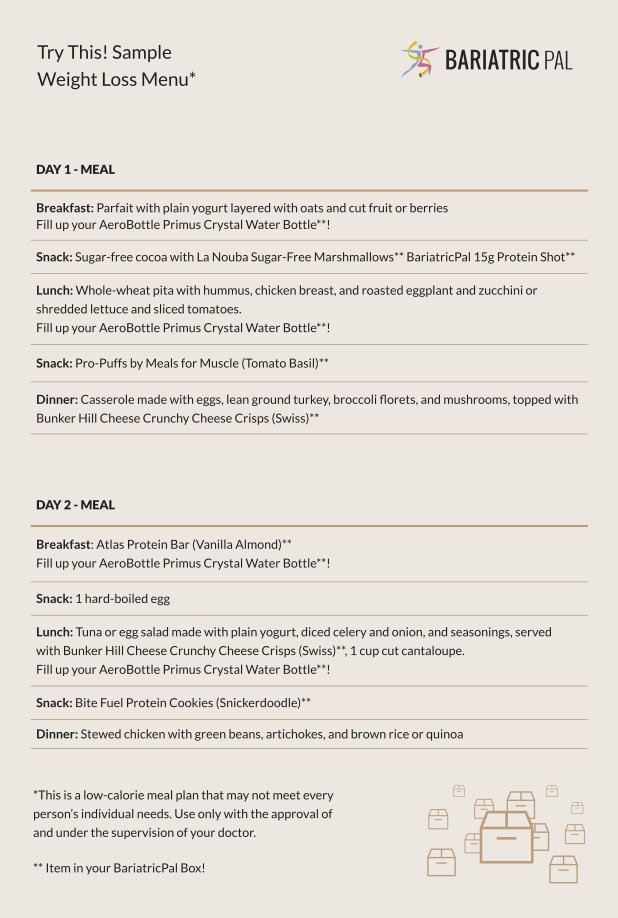 BariatricPal June 2019 Box of the Month sample weight loss menu card with Day 1 and Day 2 meal plans