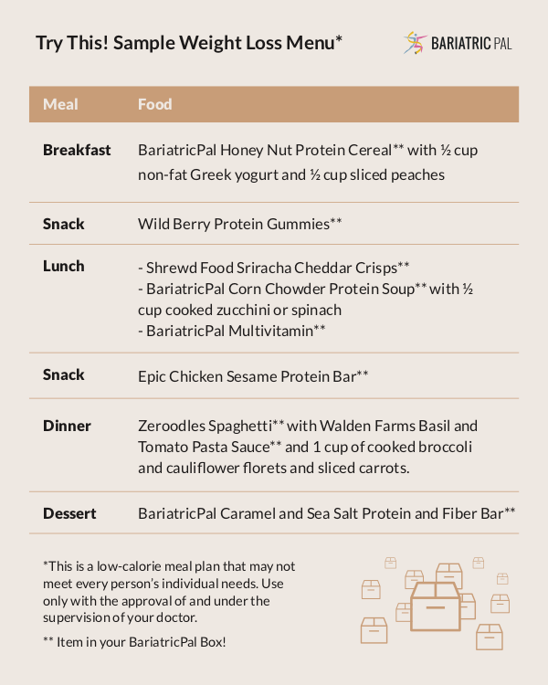 BariatricPal July 2018 Box of the Month sample weight loss menu card showing a sample day of breakfast, lunch, dinner, and snacks