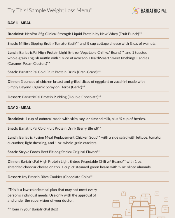 BariatricPal August 2018 Box of the Month sample weight loss menu card with Day 1 and Day 2 meal plans