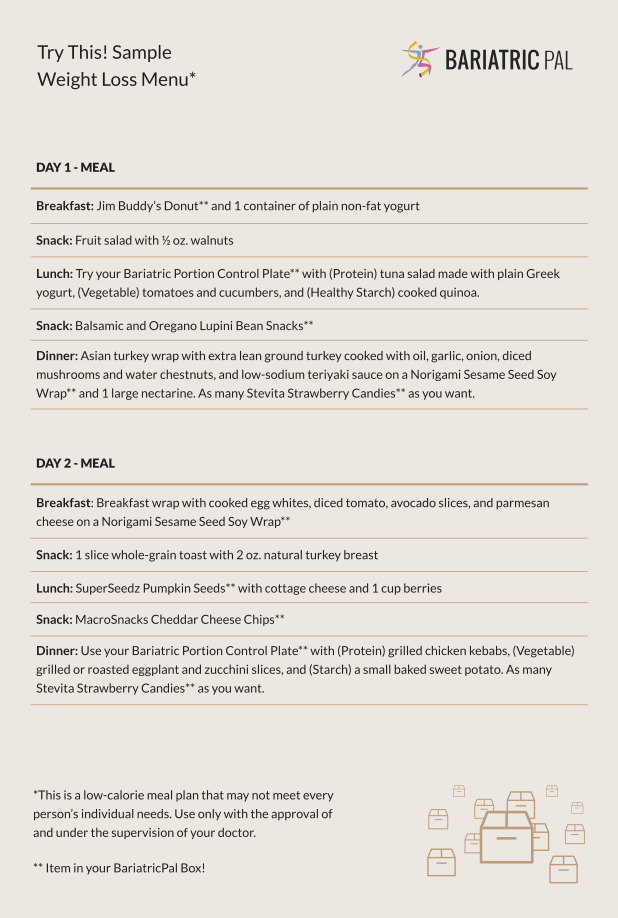 BariatricPal August 2019 Box of the Month sample weight loss menu card with Day 1 and Day 2 meal plans