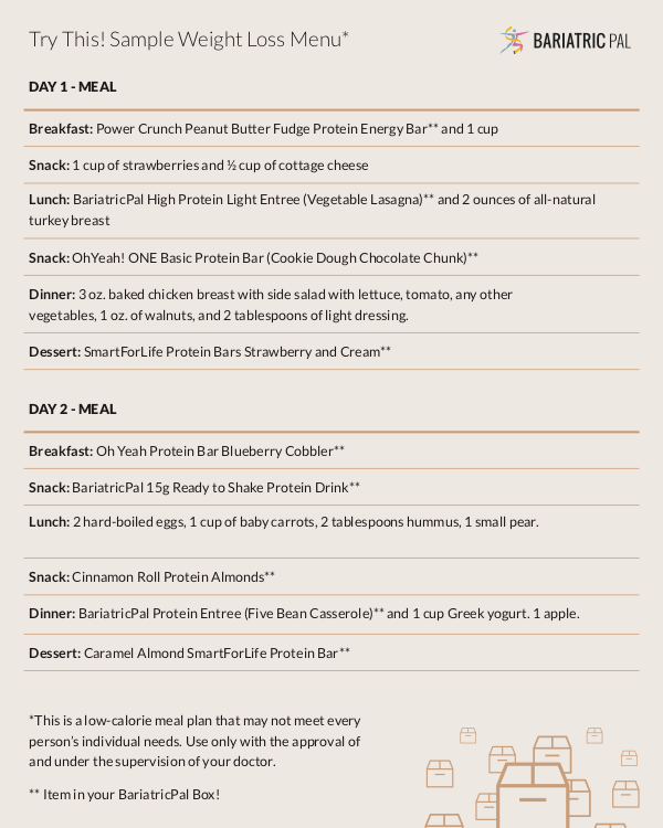 BariatricPal September 2018 Box of the Month sample weight loss menu card with Day 1 and Day 2 meal plans