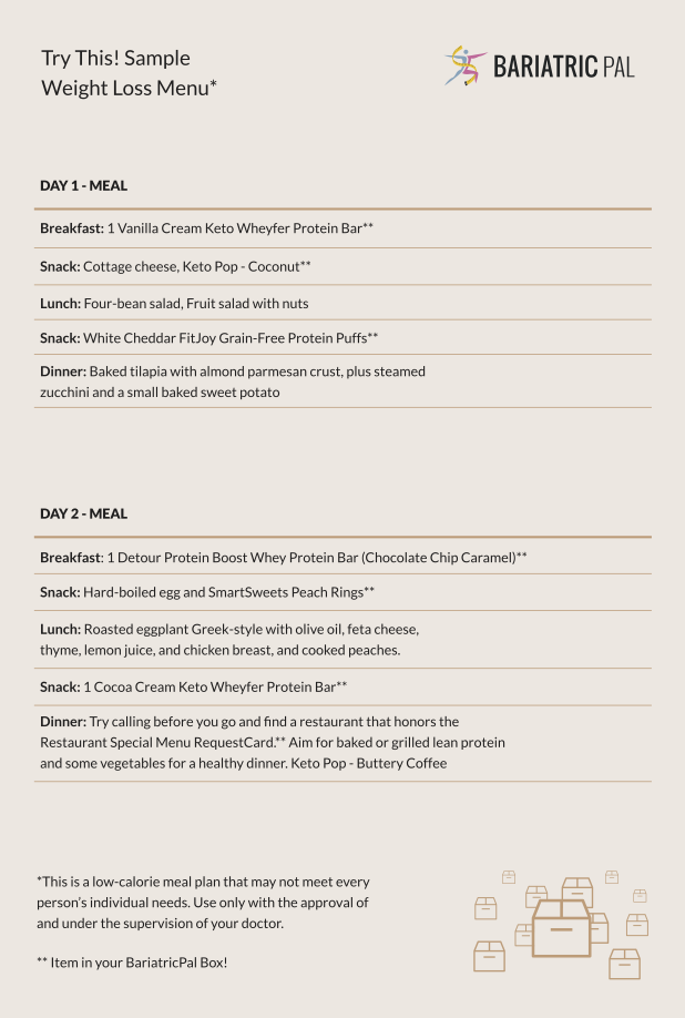 BariatricPal September 2019 Box of the Month sample weight loss menu card with Day 1 and Day 2 meal plans