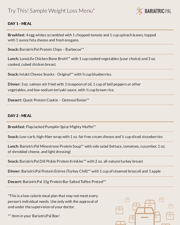BariatricPal October 2018 Box of the Month sample weight loss menu card with Day 1 and Day 2 meal plans