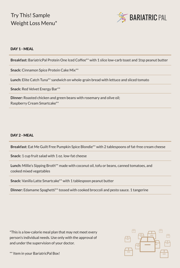 BariatricPal October 2019 Box of the Month sample weight loss menu card with Day 1 and Day 2 meal plans