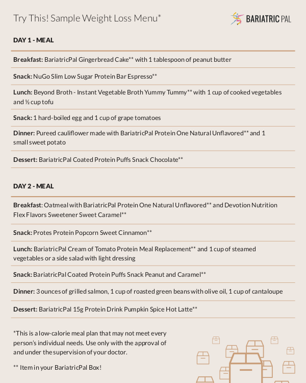 BariatricPal November 2018 Box of the Month sample weight loss menu card with Day 1 and Day 2 meal plans