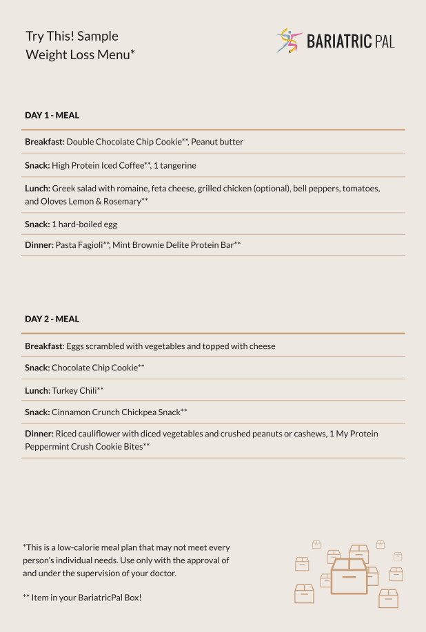 BariatricPal November 2019 Box of the Month sample weight loss menu card with Day 1 and Day 2 meal plans