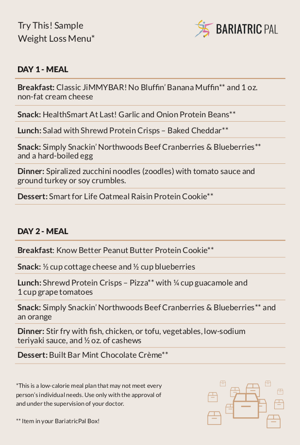 BariatricPal December 2018 Box of the Month sample weight loss menu card with Day 1 and Day 2 meal plans