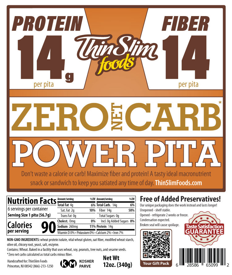 A product label for ThinSlim Foods Power Pita, highlighting 14g of protein and fiber per pita, with a note on zero net carbs and nutritional information for a low-calorie snack option.