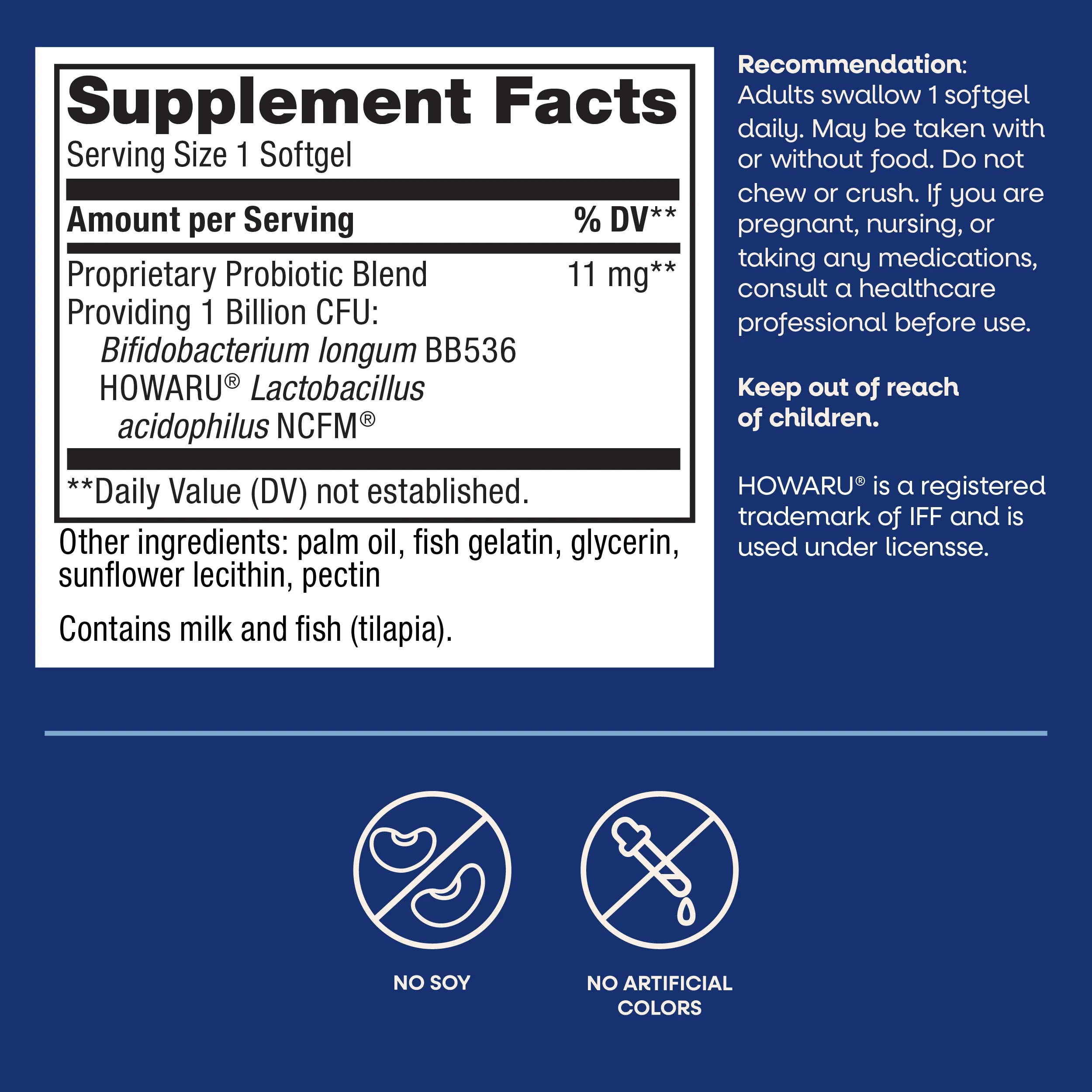 Supplement facts label for a probiotic supplement, detailing serving size, ingredients, and recommendations for use, with icons indicating no soy and no artificial colors.