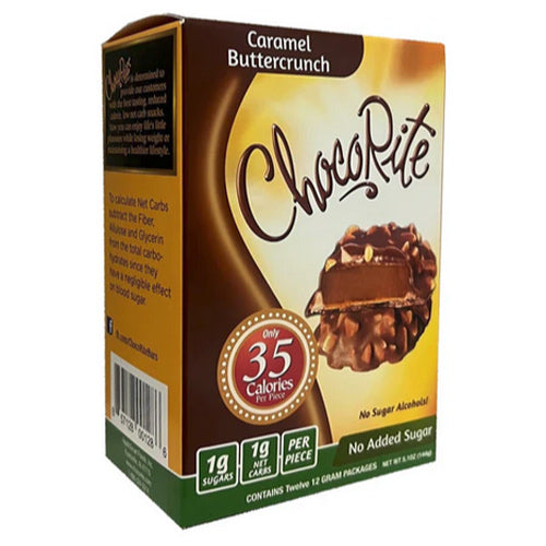 A box of ChocoRite Caramel Buttercrunch candy is displayed, featuring a chocolate-covered treat with a caramel center, labeled as low-calorie and sugar-free, with 12 individual packages inside.