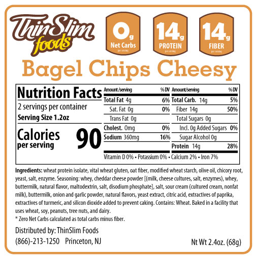 ThinSlim Foods Cheesy Bagel Chips label with Nutrition Facts and ingredients.