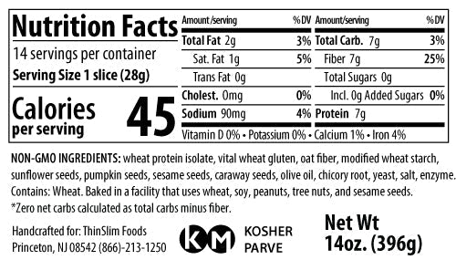 Nutrition Facts and ingredients for ThinSlim Foods Seeded Bread. One 28-gram slice has 45 calories and 7 grams of protein.