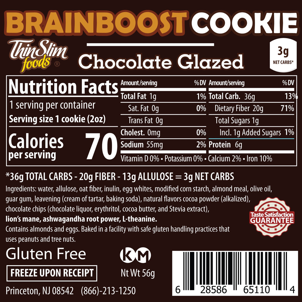 ThinSlim Foods BrainBoost Chocolate Glazed Cookie label with Nutrition Facts, ingredients, and storage instructions.